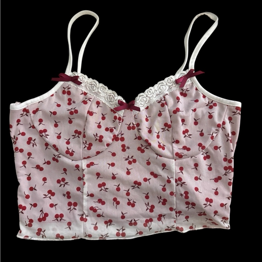 ROMWE Pink Cherry Lace-Trim Cami with Burgundy Accents